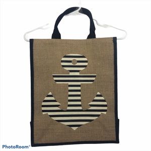 Navy‎ White Stripe Anchor Canvas Tote Bag NWT